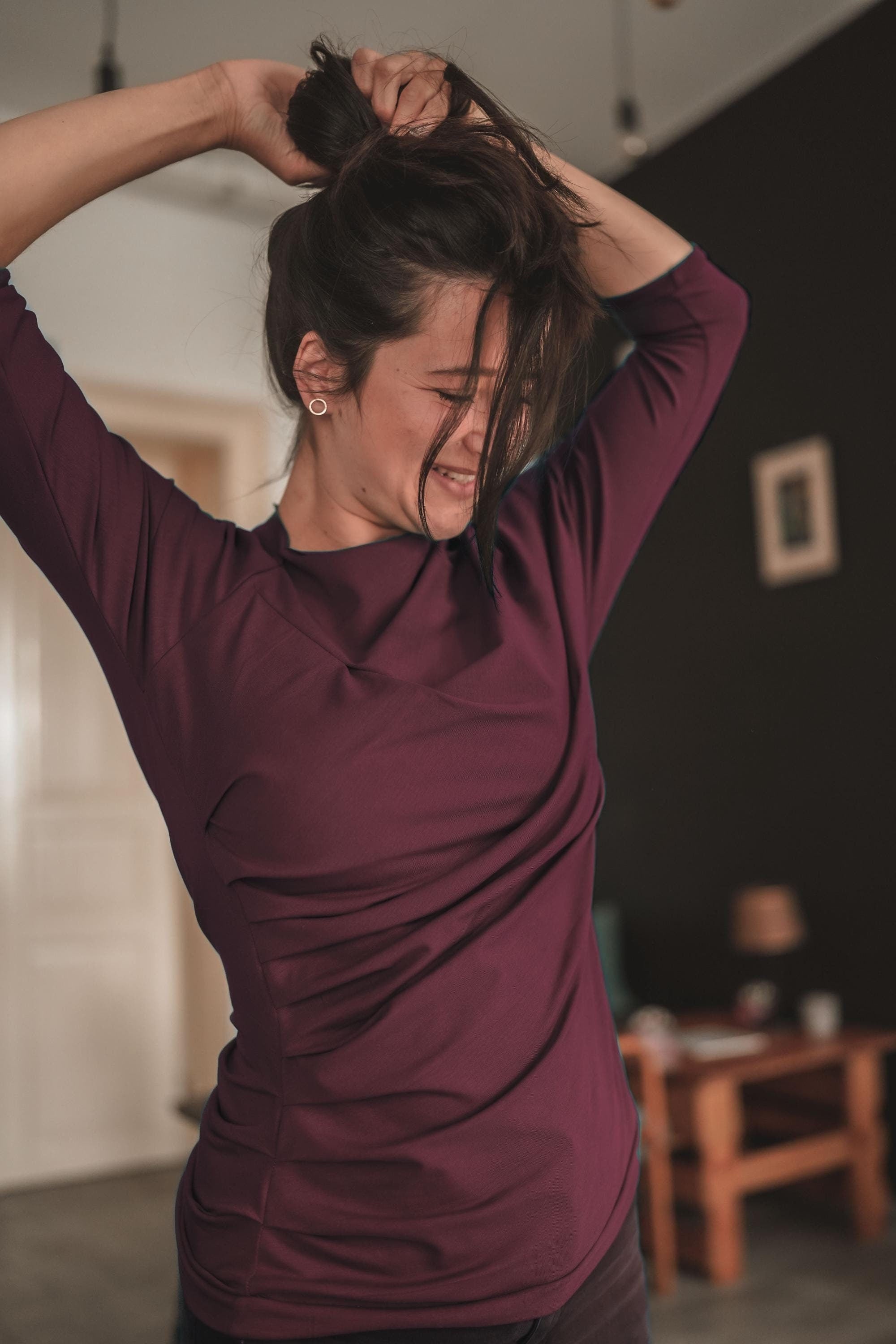 Fitted Long Sleeve Top, Women's Shirt, Stretchy Fitted Top, Boatneck Blouse, Off Shoulder Top, Cooper Top