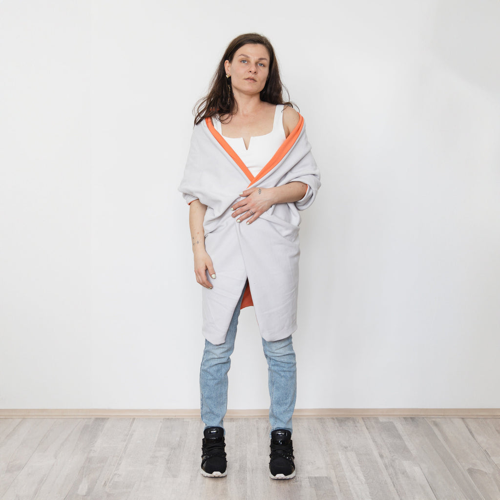 Reversible Long Cardigan, Light Gray Orange Oversized Wrap, Handmade Statement Jacket, Slow Fashion, Two-Sided Cotton Coat