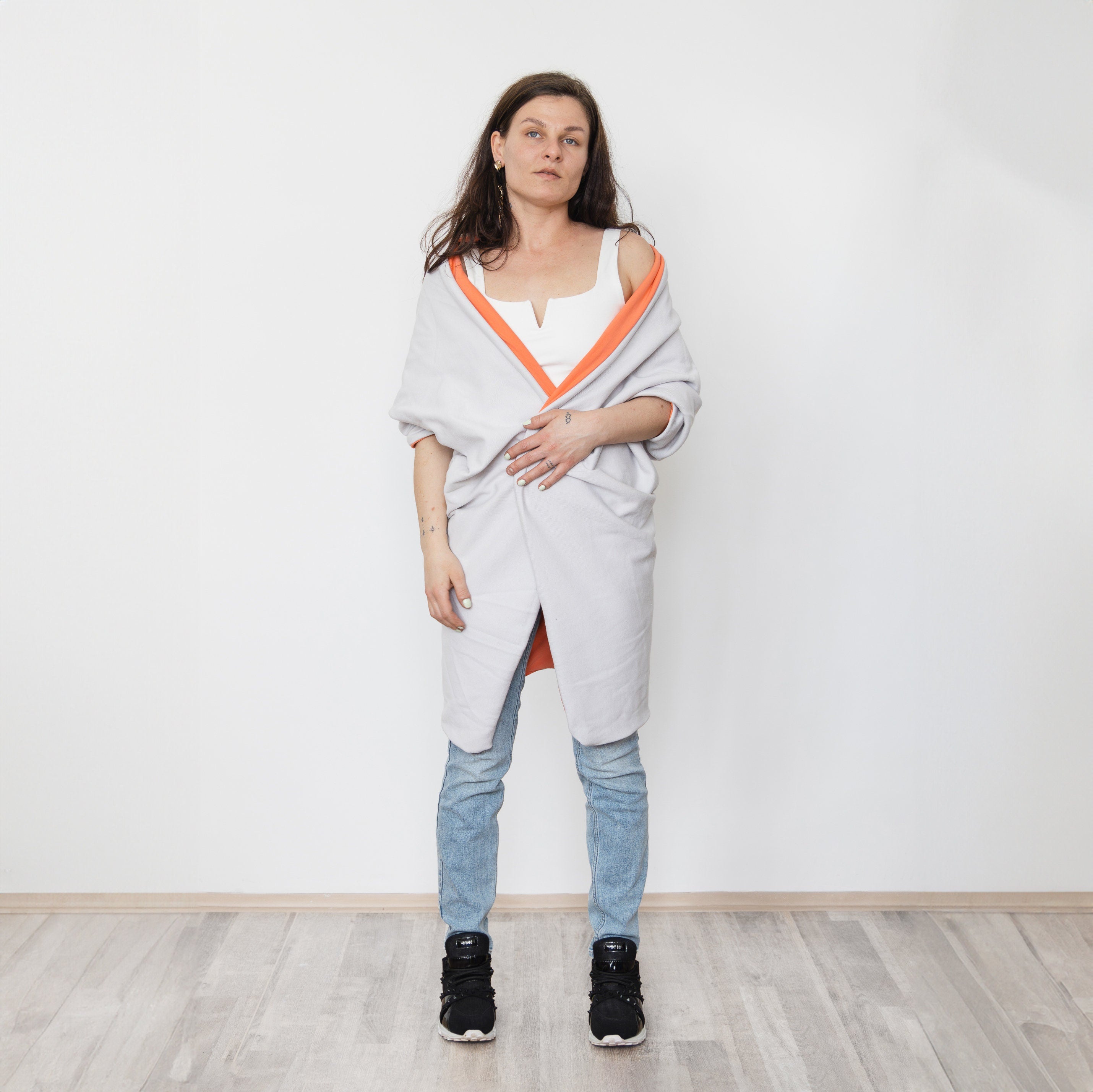 Reversible Long Cardigan, Light Gray Orange Oversized Wrap, Handmade Statement Jacket, Slow Fashion, Two-Sided Cotton Coat
