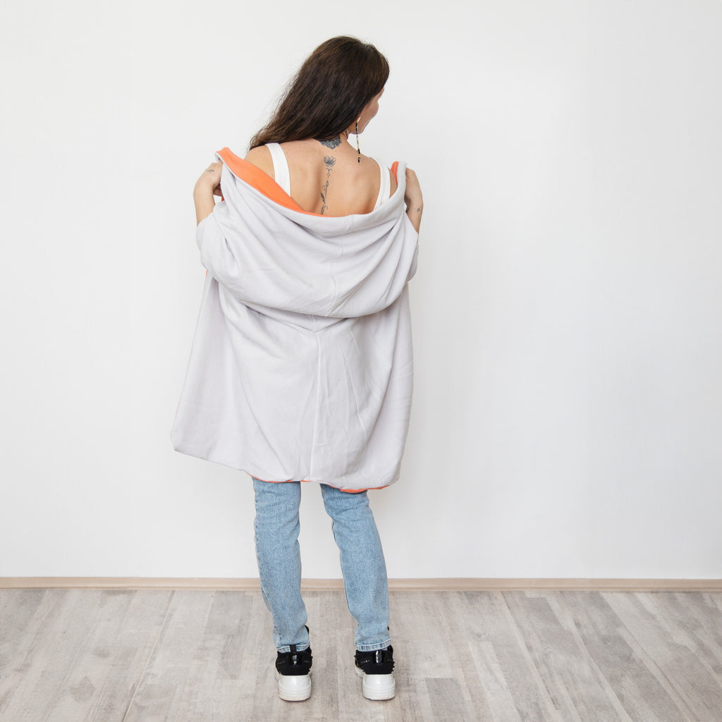 Reversible Long Cardigan, Light Gray Orange Oversized Wrap, Handmade Statement Jacket, Slow Fashion, Two-Sided Cotton Coat