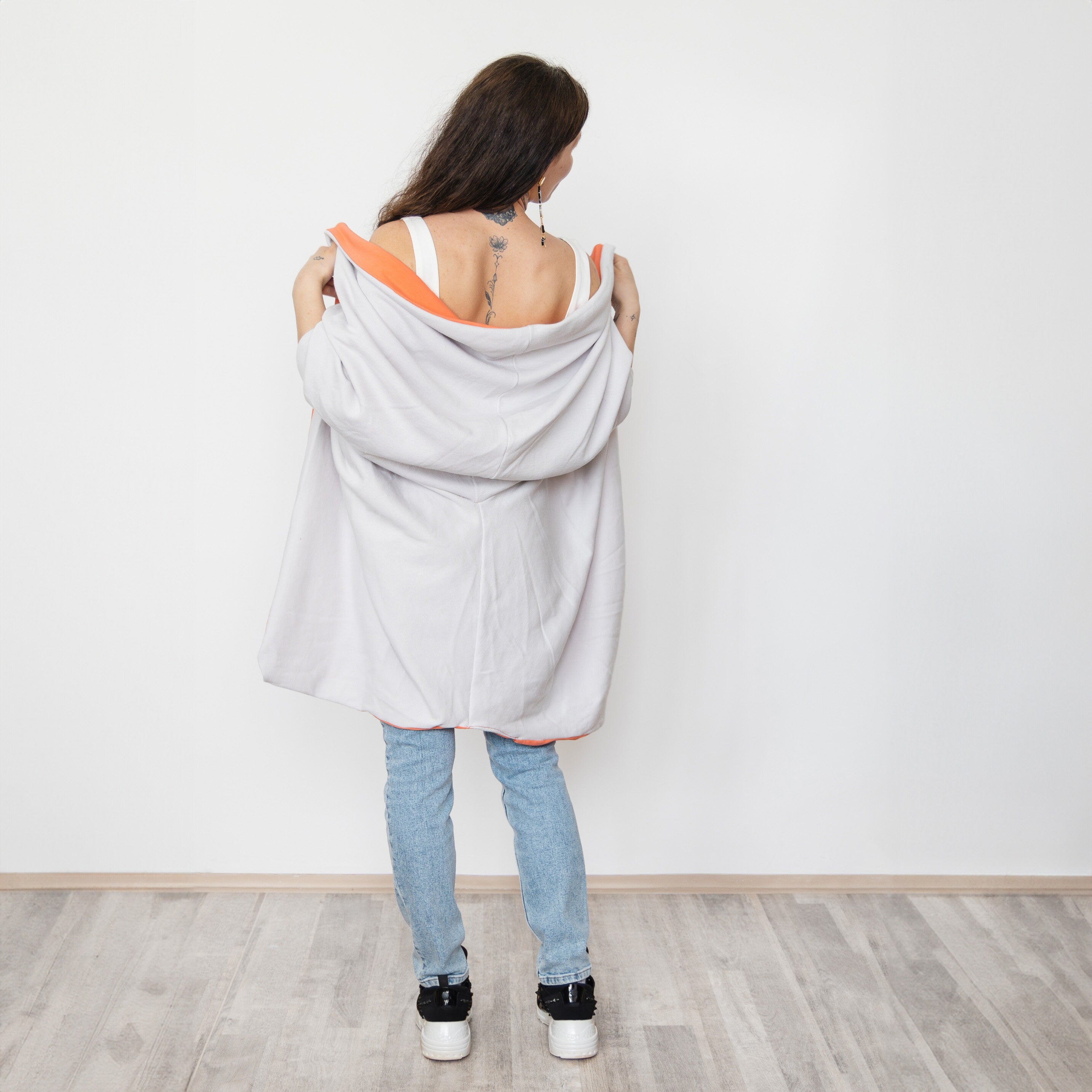 Reversible Long Cardigan, Light Gray Orange Oversized Wrap, Handmade Statement Jacket, Slow Fashion, Two-Sided Cotton Coat