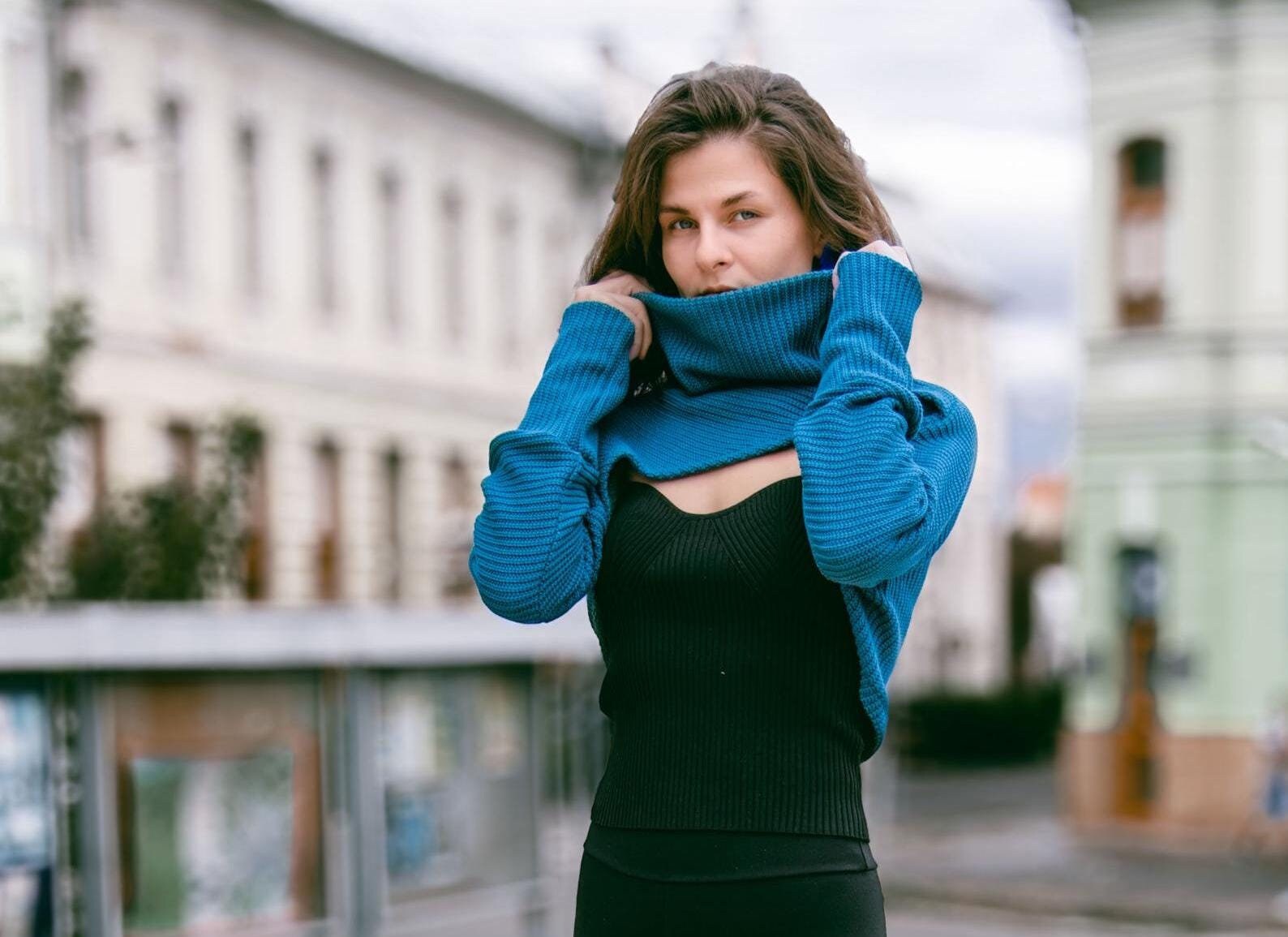 Cotton Blue bolero sweater with high collar, turtle neck, Modern crop sweater, Elegant sweater bolero