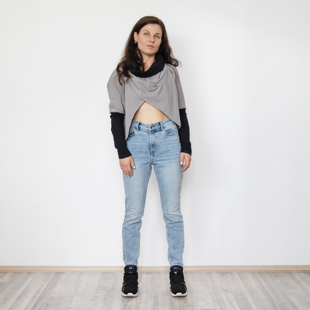 Croped Hoodie Shrug, Made to Order - Large Hood, Extra Long Sleeves, Thumb Holes - Cotton Lycra, assymetric top