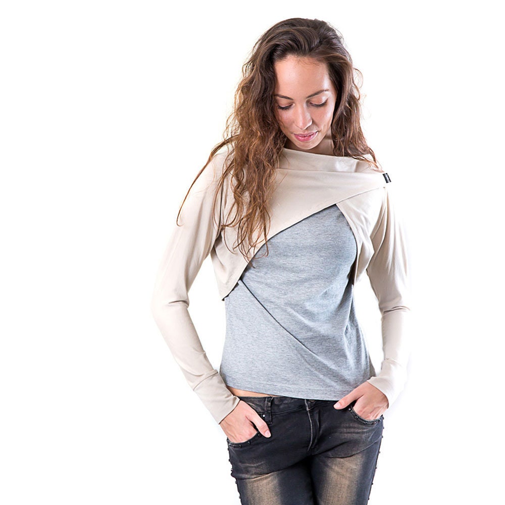 Asymmetrical Cotton Jersey Bolero – Beige Cropped Jacket, Minimalist Handmade Shrug, Modern Layering Piece, Avant-Garde Fashion