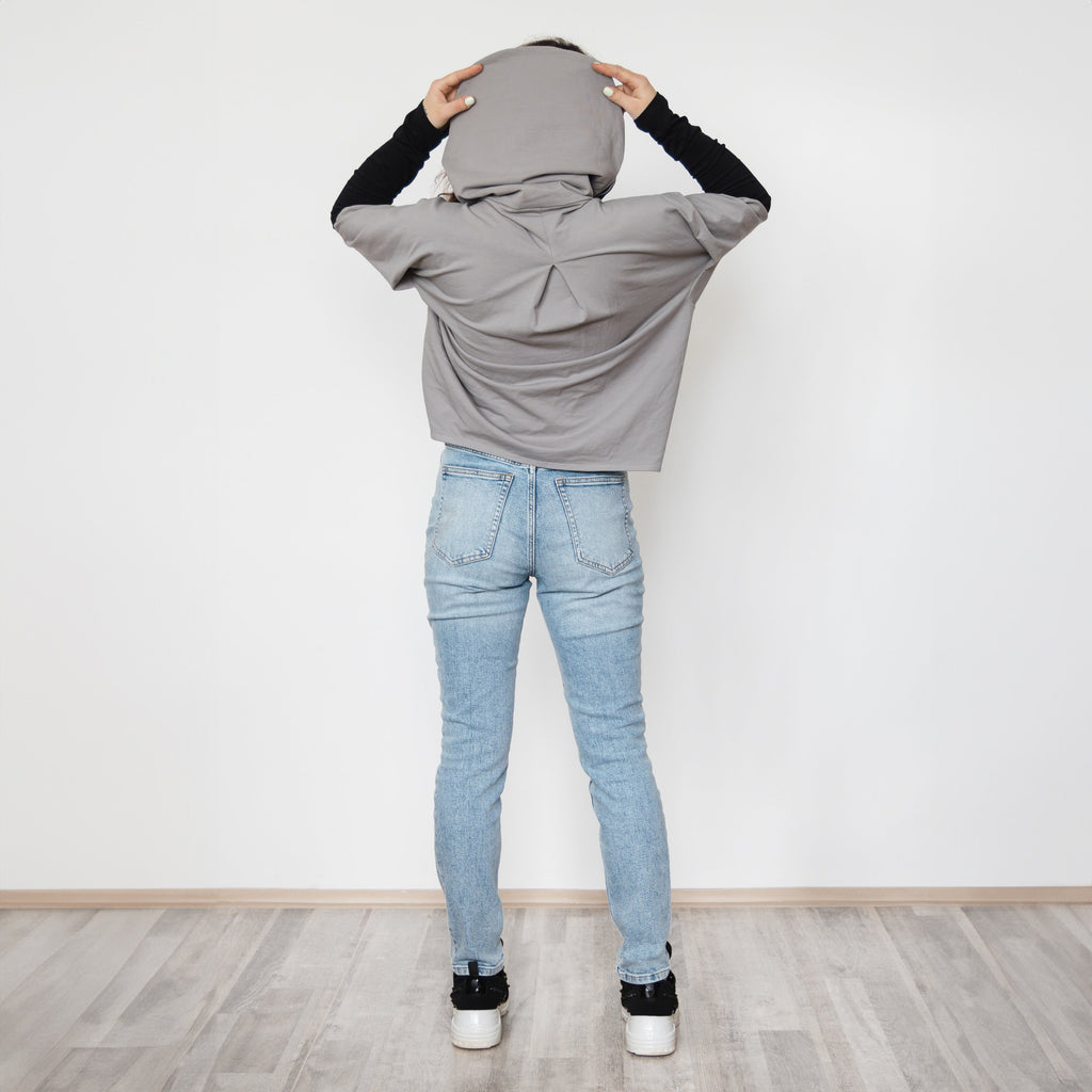 Croped Hoodie Shrug, Made to Order - Large Hood, Extra Long Sleeves, Thumb Holes - Cotton Lycra, assymetric top