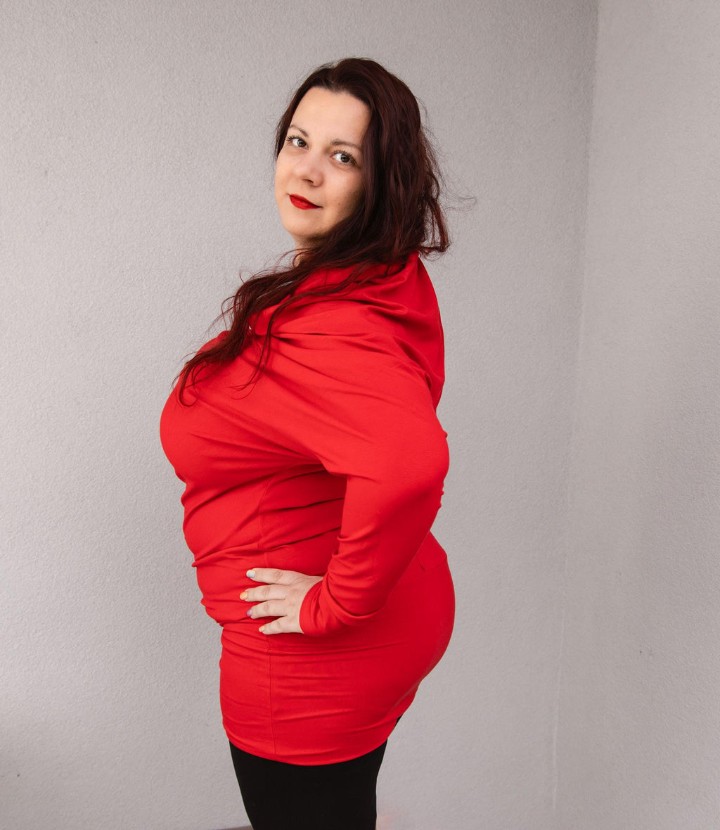 Red Asymmetrical Draped Dress, Tunic dress – Handmade, Sustainable & Plus-Size Friendly | Unique Statement Fashion, XXL custome made tunic