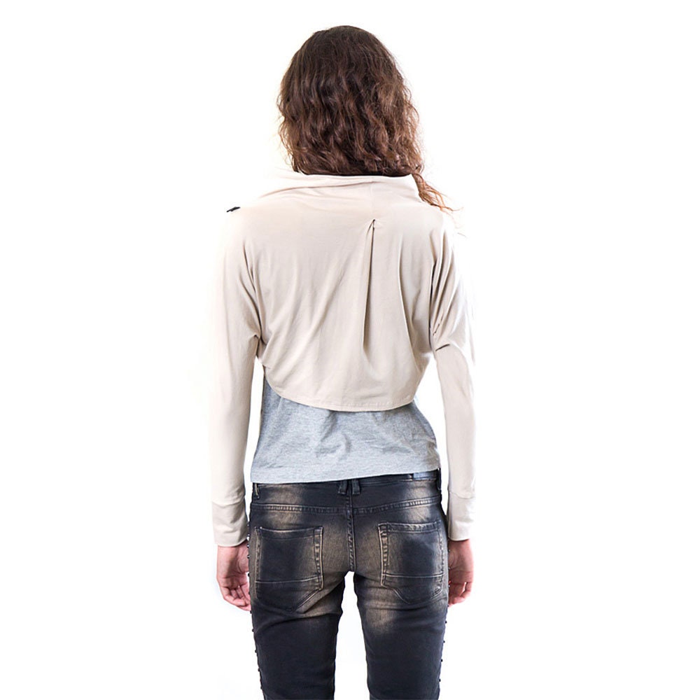 Asymmetrical Cotton Jersey Bolero – Beige Cropped Jacket, Minimalist Handmade Shrug, Modern Layering Piece, Avant-Garde Fashion