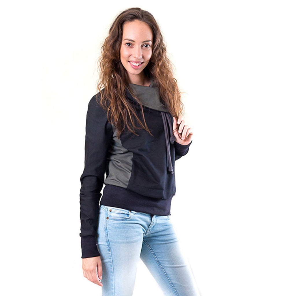 Black sweatshirt with a higher collar