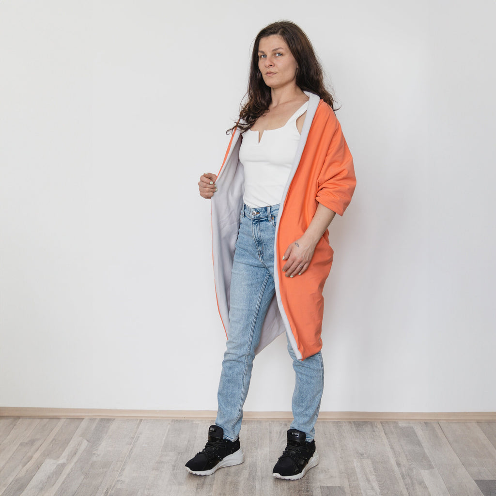 Reversible Long Cardigan, Light Gray Orange Oversized Wrap, Handmade Statement Jacket, Slow Fashion, Two-Sided Cotton Coat