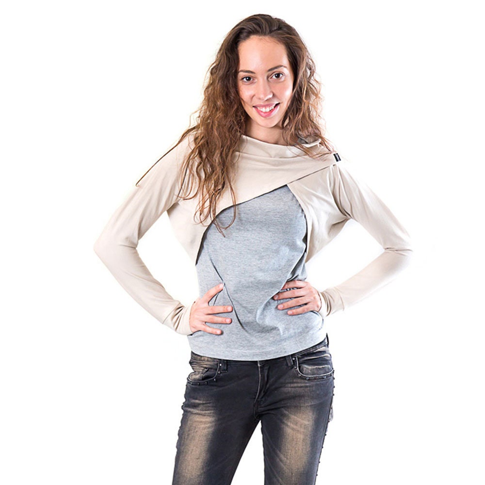 Asymmetrical Cotton Jersey Bolero – Beige Cropped Jacket, Minimalist Handmade Shrug, Modern Layering Piece, Avant-Garde Fashion