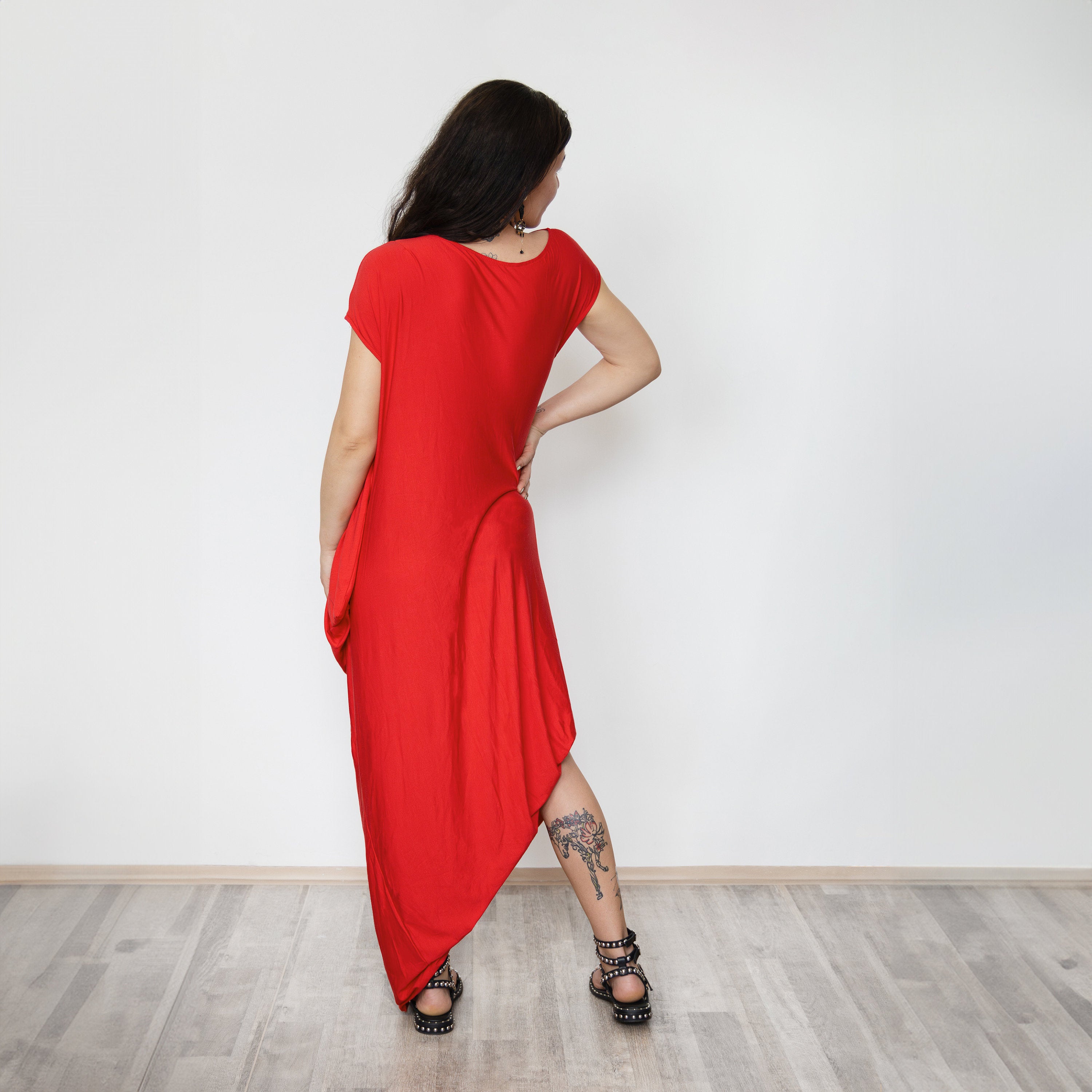 Asymmetrical Draped Jersey Dress – Minimalist Handmade Dress, Modern Avant-Garde Style, Stretchy Slow Fashion Outfit