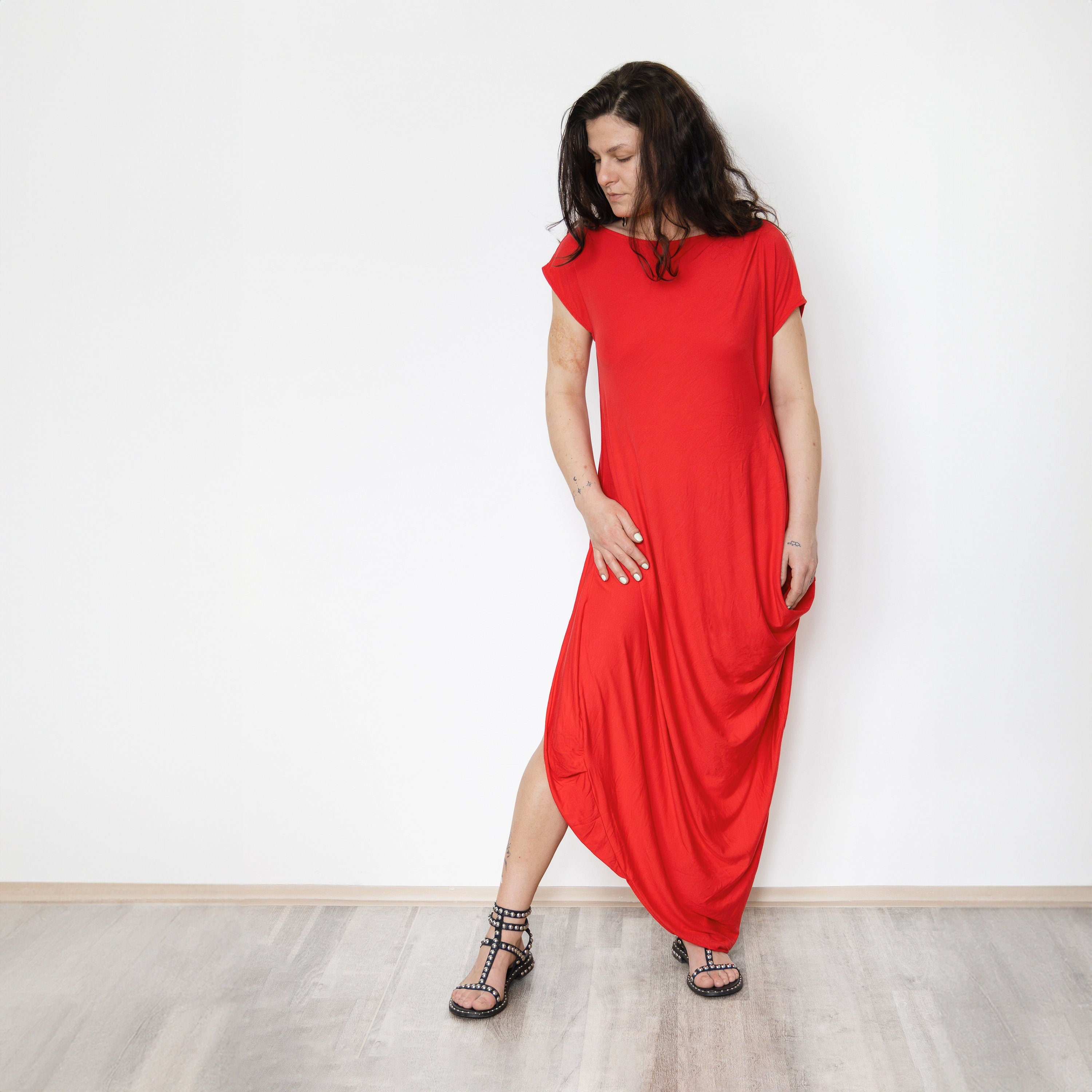 Asymmetrical Draped Jersey Dress – Minimalist Handmade Dress, Modern Avant-Garde Style, Stretchy Slow Fashion Outfit