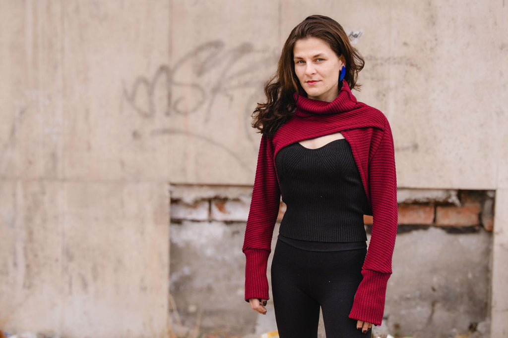 Cotton bolero sweater in dark red with high collar, turtle neck, cowl neck bolero, crop sweater, red sweater bolero