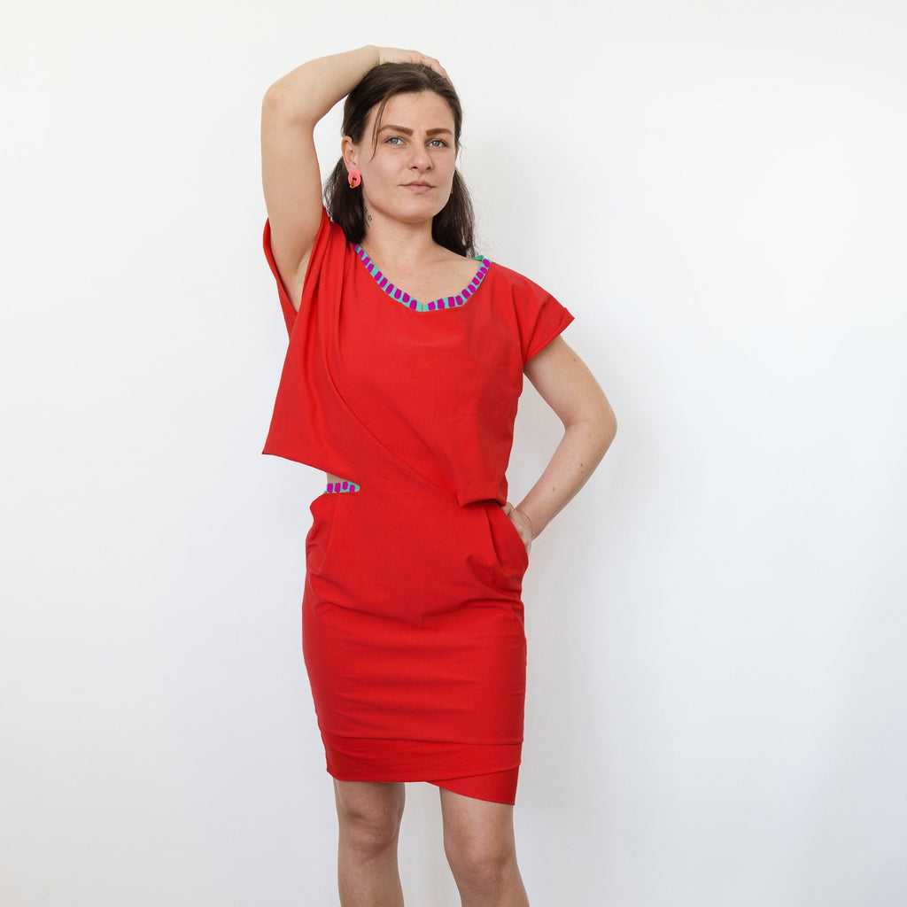 Short Red Dress With Pockets, Short Sleeve Dress, Woman Summer Party Dress, Cotton Dress With Hand Painted Details, Summer red dress