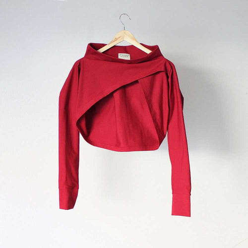 Assymetrical Bolero Shrug,  Long Sleeve Cotton Cardigan, Stylish Asymmetrical Top, Customizable Shrug, Drapey dark red bolero