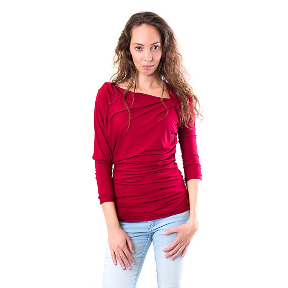 Fitted Long Sleeve Top, Women's Shirt, Stretchy Fitted Top, Boatneck Blouse, Off Shoulder Top, Cooper Top