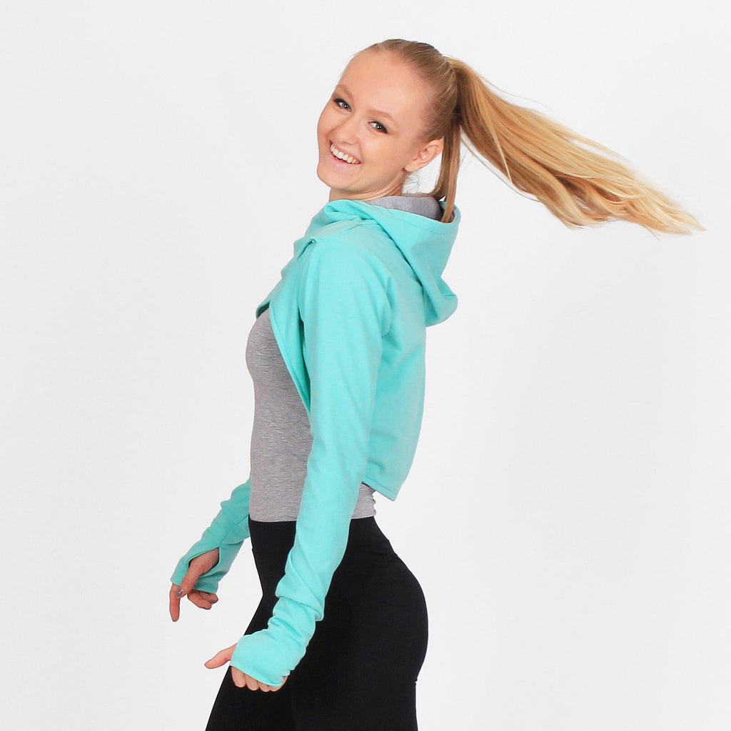 Mint bolero with hood,  Mint Shrug Bolero, Summer Shrug Bolero, Open Front Asymmetric Top, Hooded Active Bolero, Long Sleeve Bolero Shrug