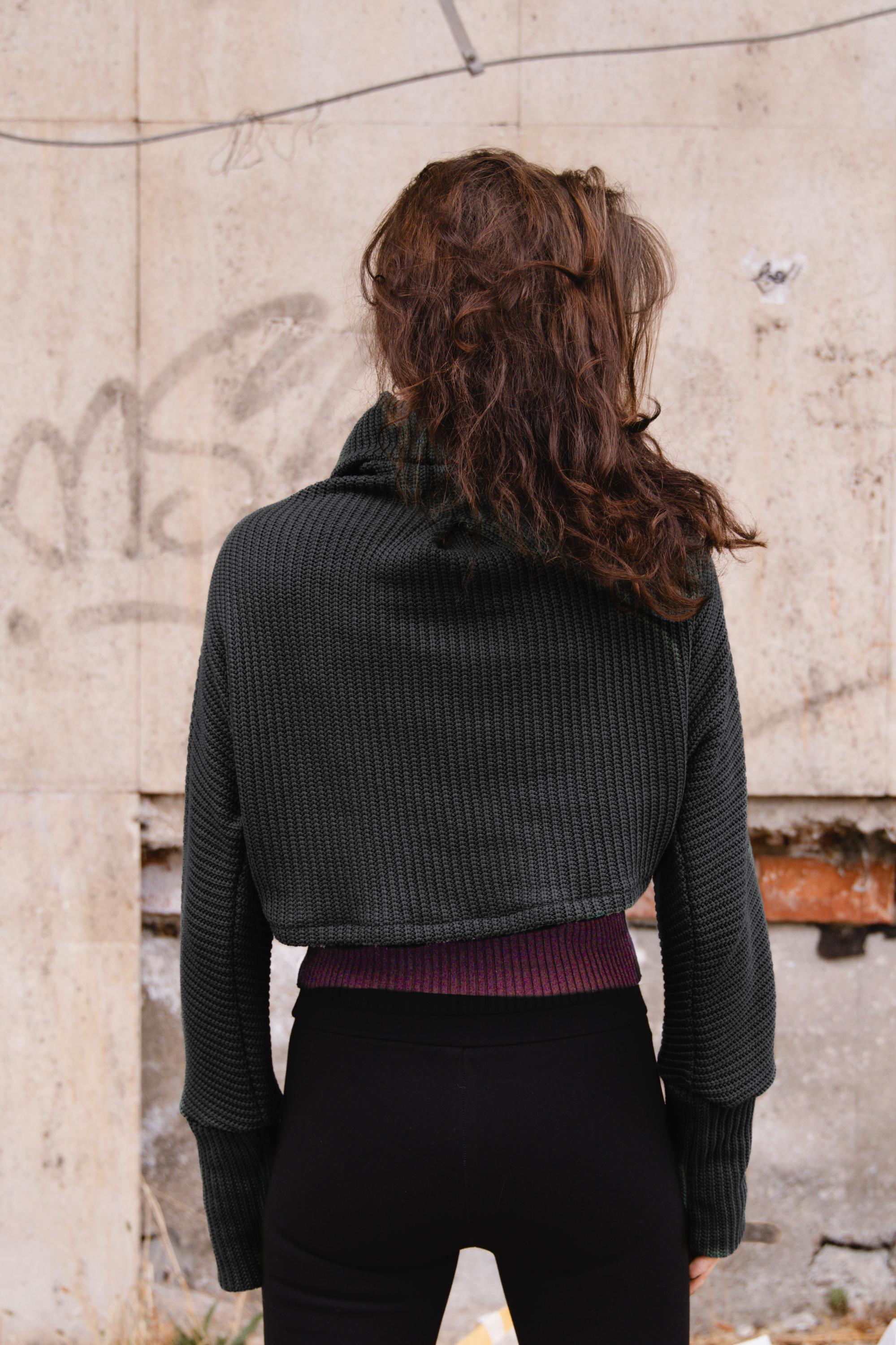 Black cotton bolero sweater with high collar, turtle neck, cowl neck bolero, crop sweater, red sweater bolero