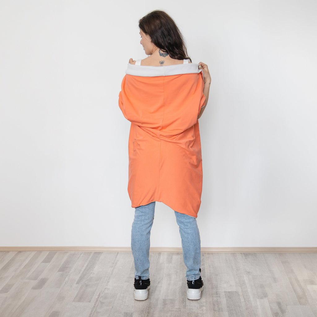 Reversible Long Cardigan, Light Gray Orange Oversized Wrap, Handmade Statement Jacket, Slow Fashion, Two-Sided Cotton Coat