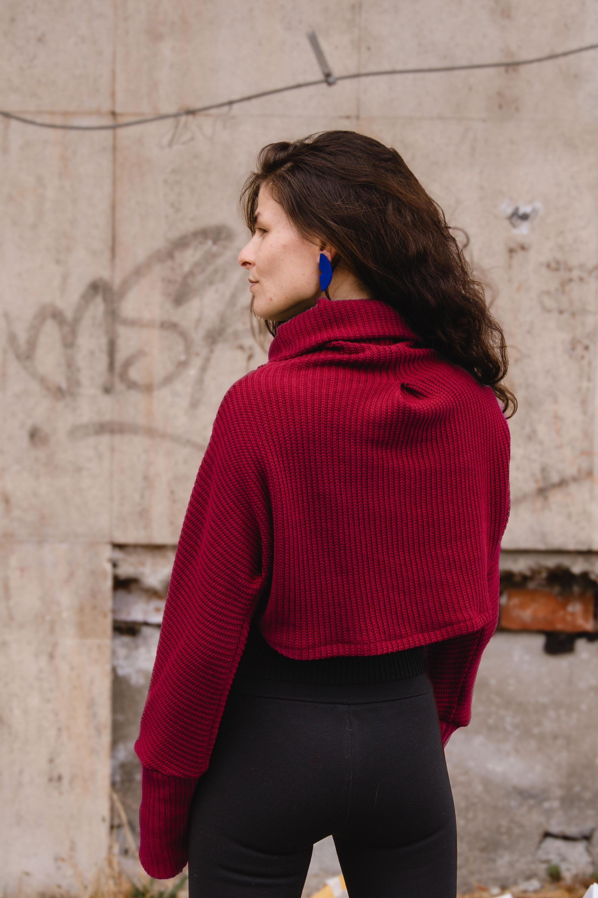 Cotton bolero sweater in dark red with high collar, turtle neck, cowl neck bolero, crop sweater, red sweater bolero