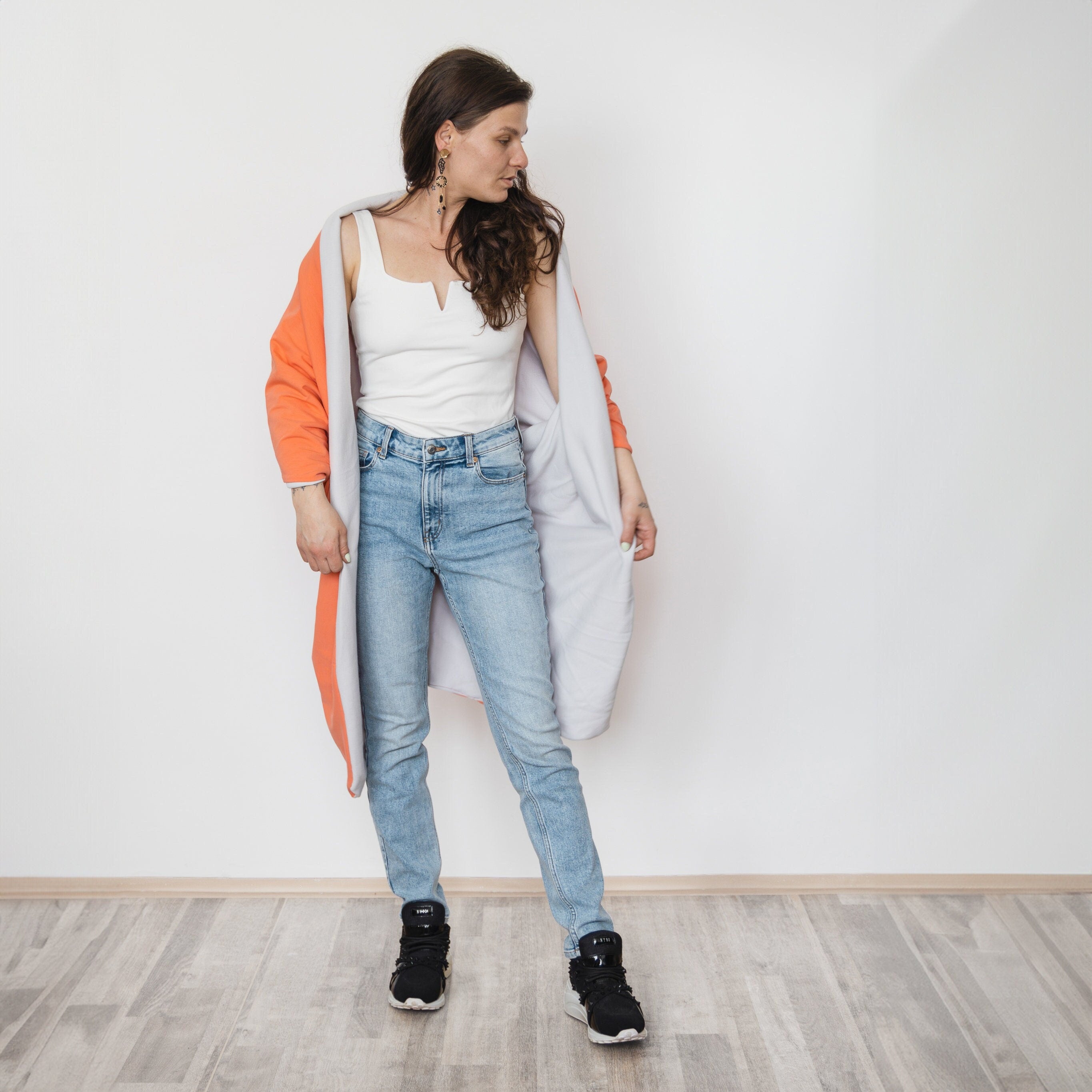 Reversible Long Cardigan, Light Gray Orange Oversized Wrap, Handmade Statement Jacket, Slow Fashion, Two-Sided Cotton Coat