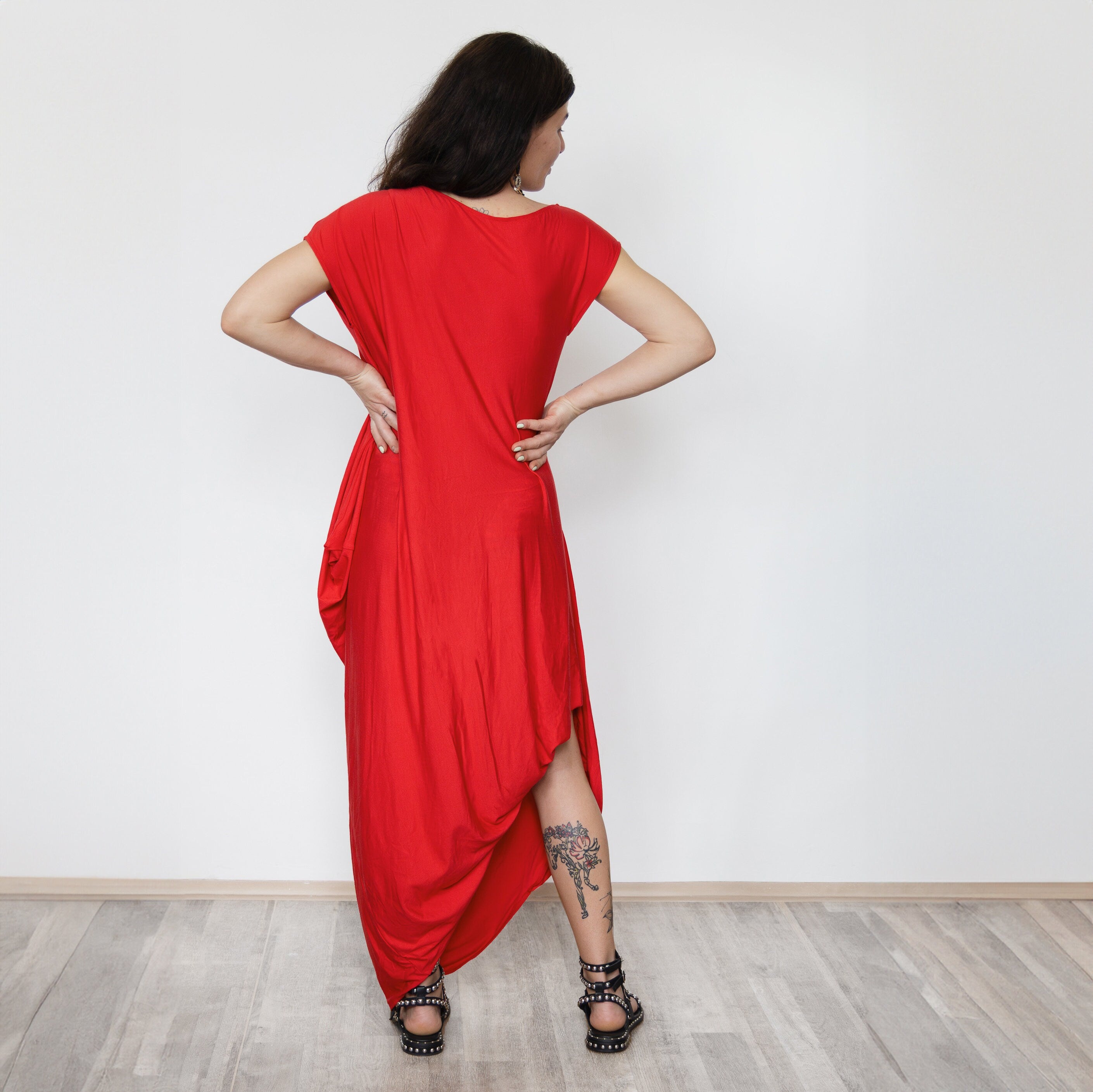 Asymmetrical Draped Jersey Dress – Minimalist Handmade Dress, Modern Avant-Garde Style, Stretchy Slow Fashion Outfit