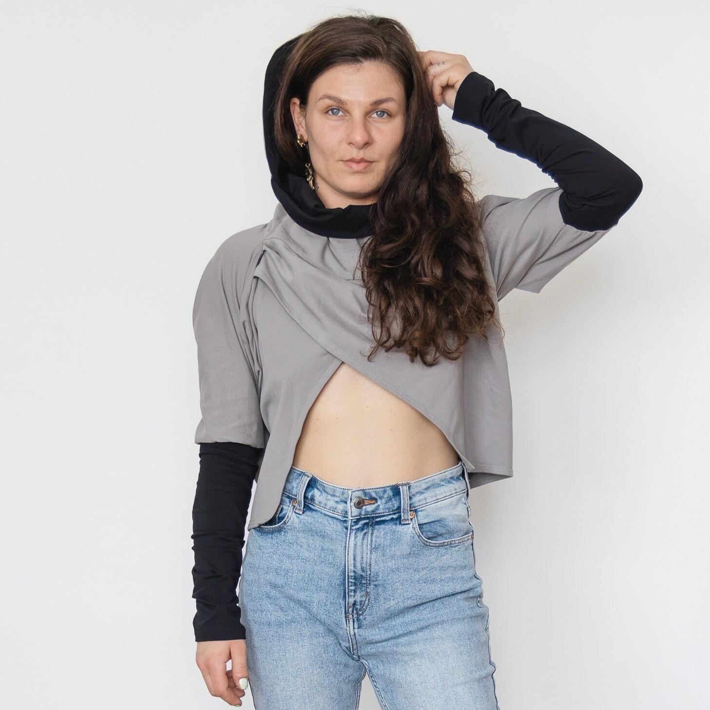 Croped Hoodie Shrug, Made to Order - Large Hood, Extra Long Sleeves, Thumb Holes - Cotton Lycra, assymetric top