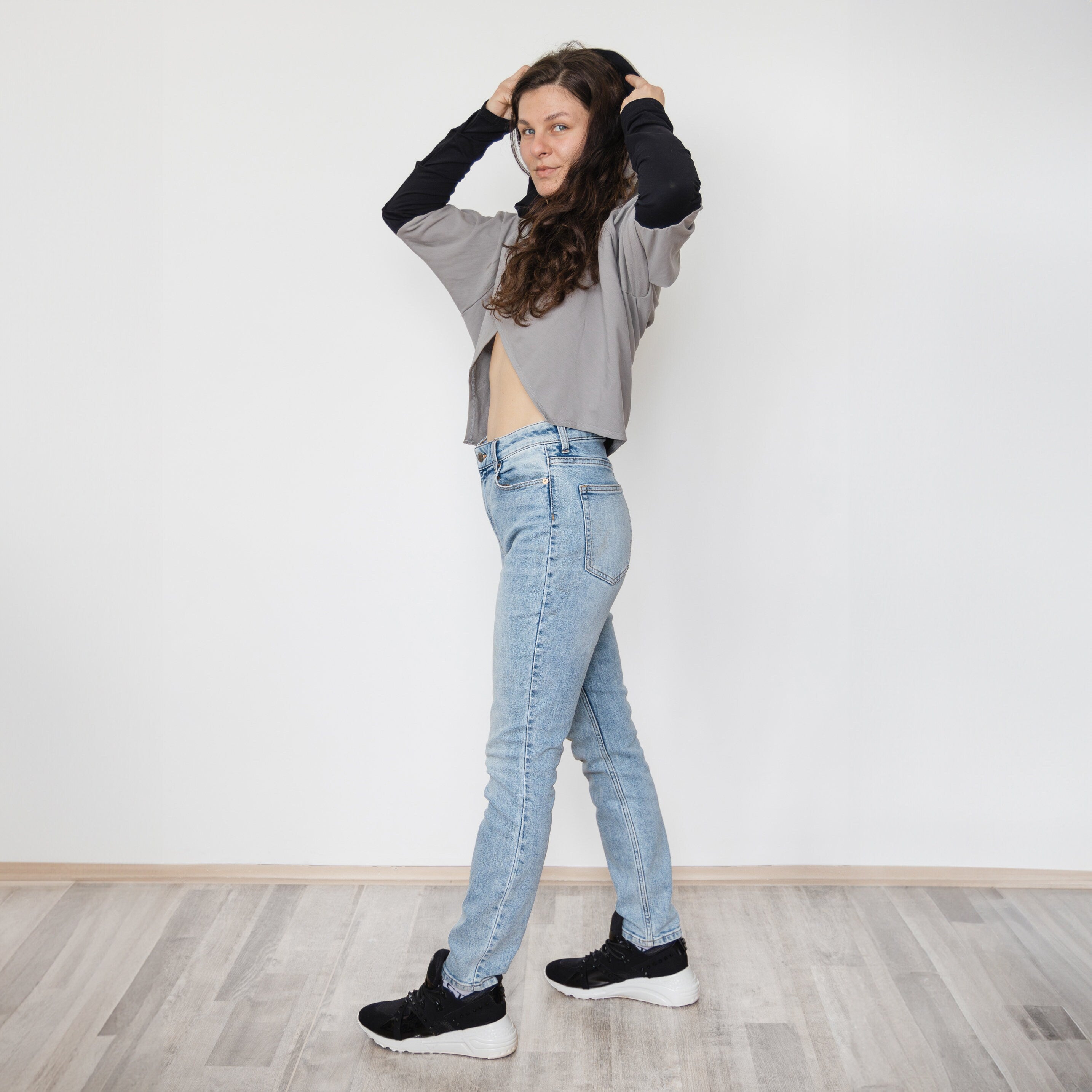 Croped Hoodie Shrug, Made to Order - Large Hood, Extra Long Sleeves, Thumb Holes - Cotton Lycra, assymetric top