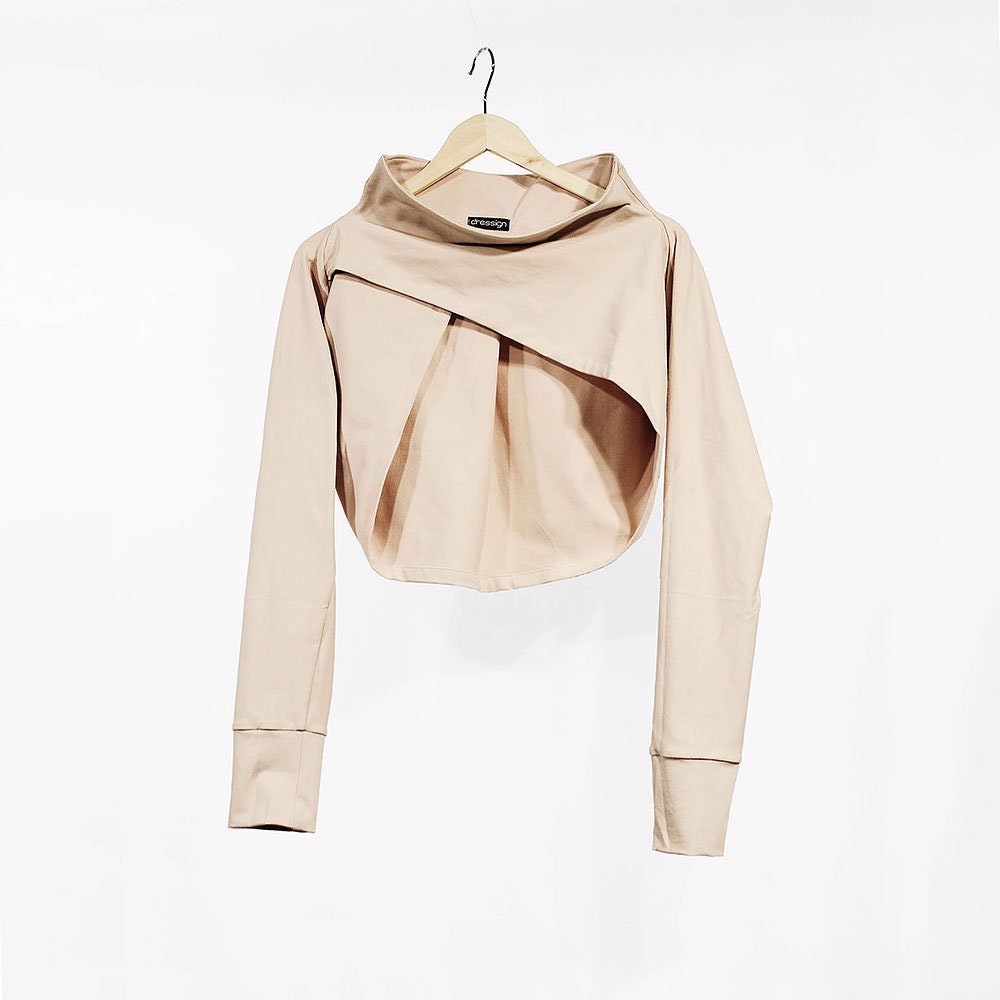 Asymmetrical Cotton Jersey Bolero – Beige Cropped Jacket, Minimalist Handmade Shrug, Modern Layering Piece, Avant-Garde Fashion