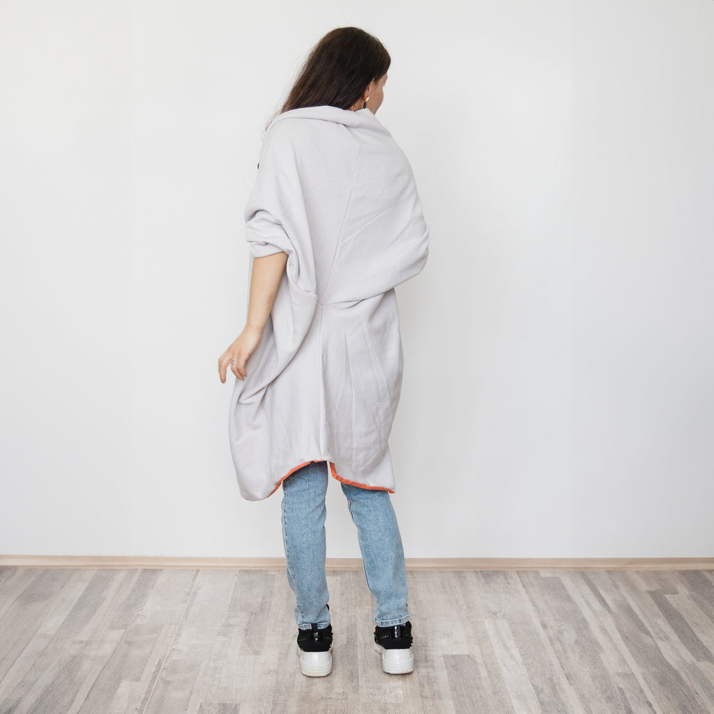 Reversible Long Cardigan, Light Gray Orange Oversized Wrap, Handmade Statement Jacket, Slow Fashion, Two-Sided Cotton Coat