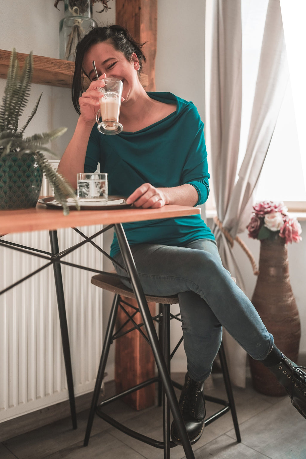 Fitted Long Sleeve Top, Women's Shirt, Stretchy Fitted Top, Boatneck Blouse, Off Shoulder Top, Cooper Top