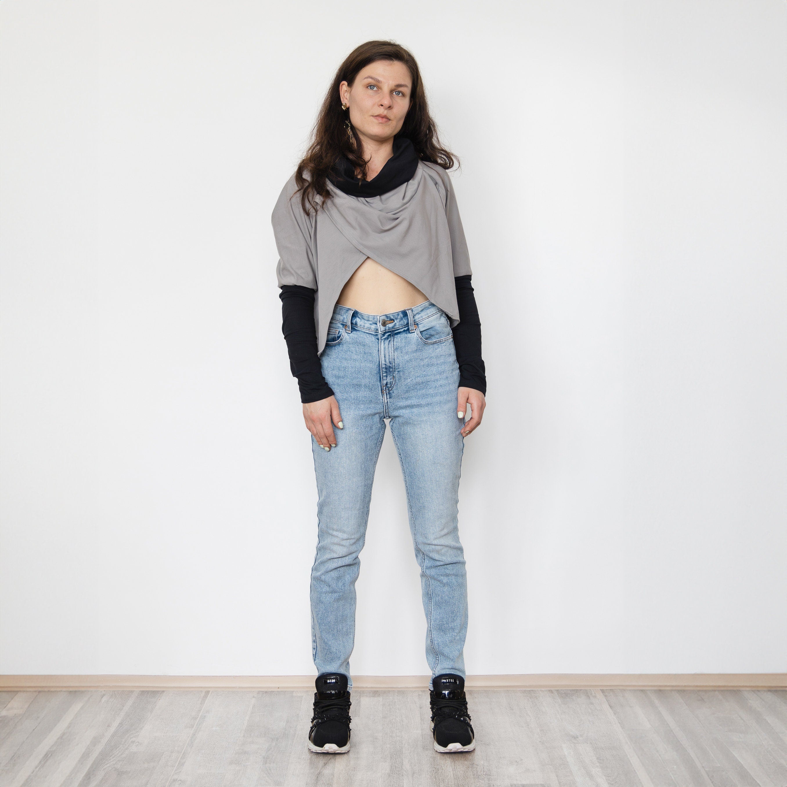 Gray Black Shrug Bolero, Asymmetrical Hoodie, Open Front Asymmetric Top, Dancewear, Festival clothing, Boho hoodie