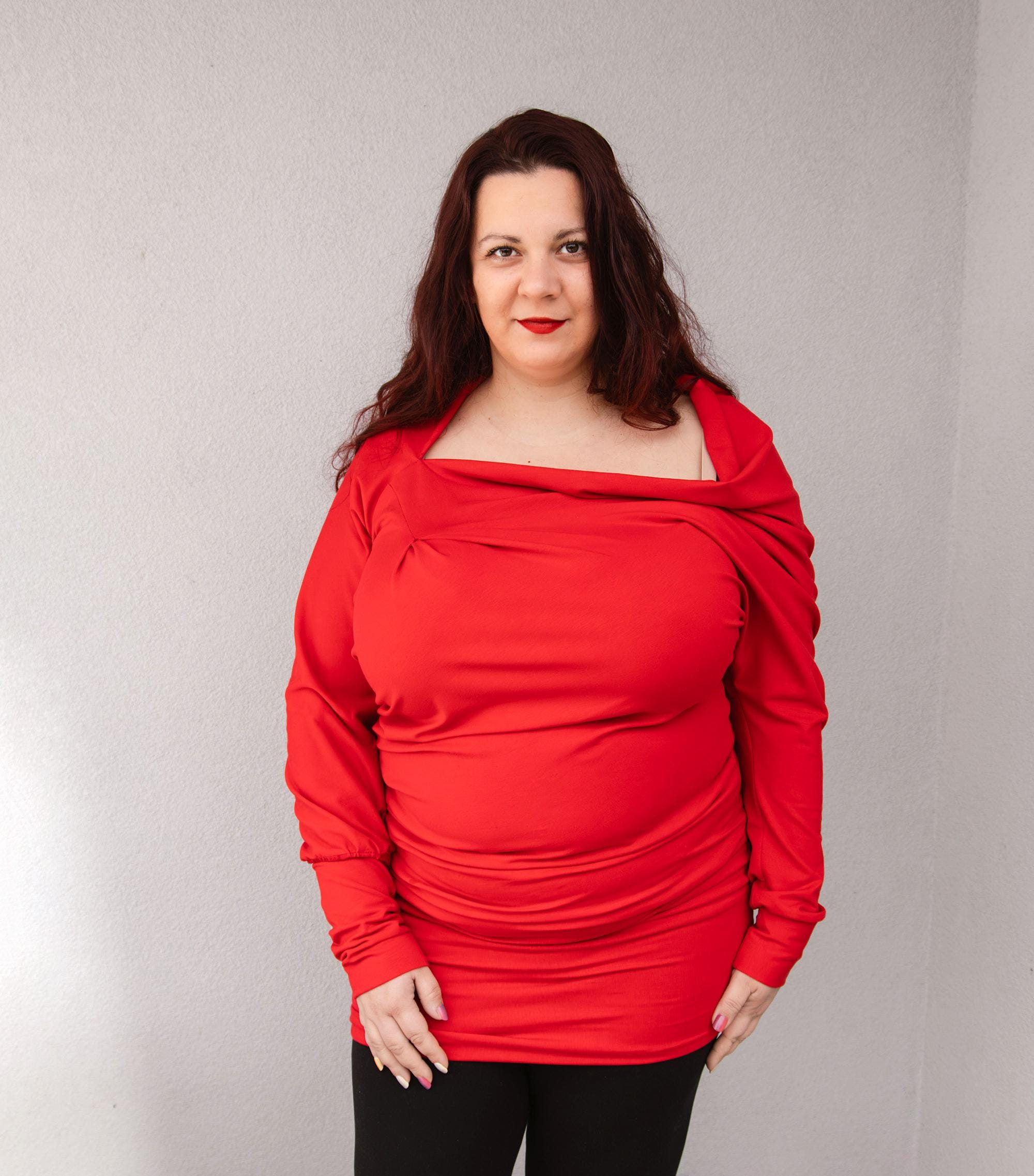Red Asymmetrical Draped Dress, Tunic dress – Handmade, Sustainable & Plus-Size Friendly | Unique Statement Fashion, XXL custome made tunic