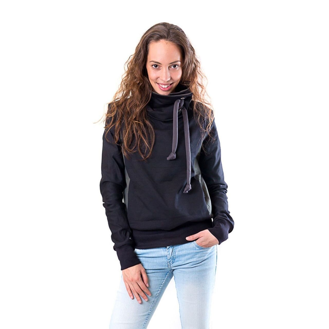 Black sweatshirt with a higher collar