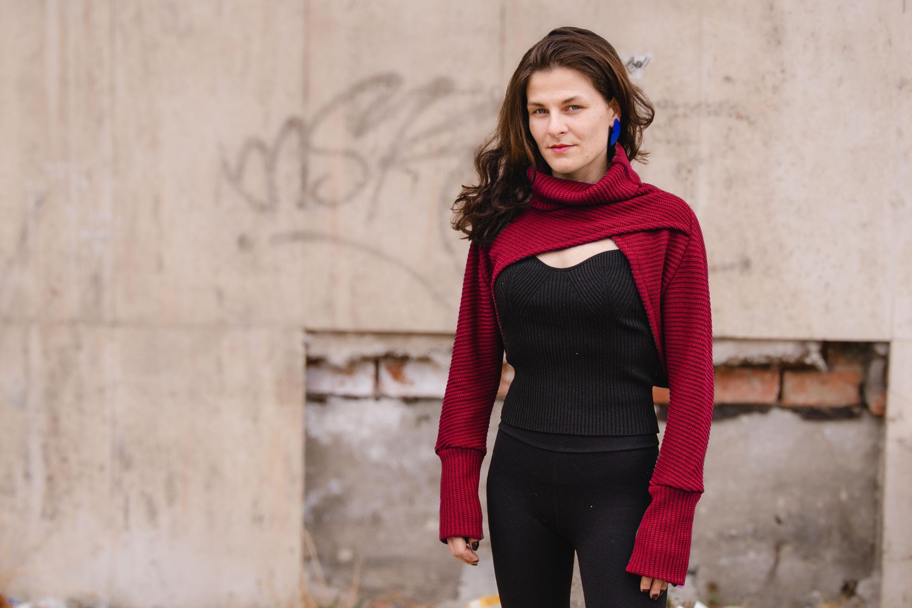 Black cotton bolero sweater with high collar, turtle neck, cowl neck bolero, crop sweater, red sweater bolero