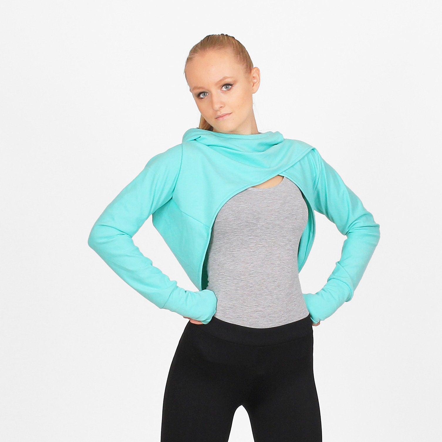 Mint bolero with hood,  Mint Shrug Bolero, Summer Shrug Bolero, Open Front Asymmetric Top, Hooded Active Bolero, Long Sleeve Bolero Shrug