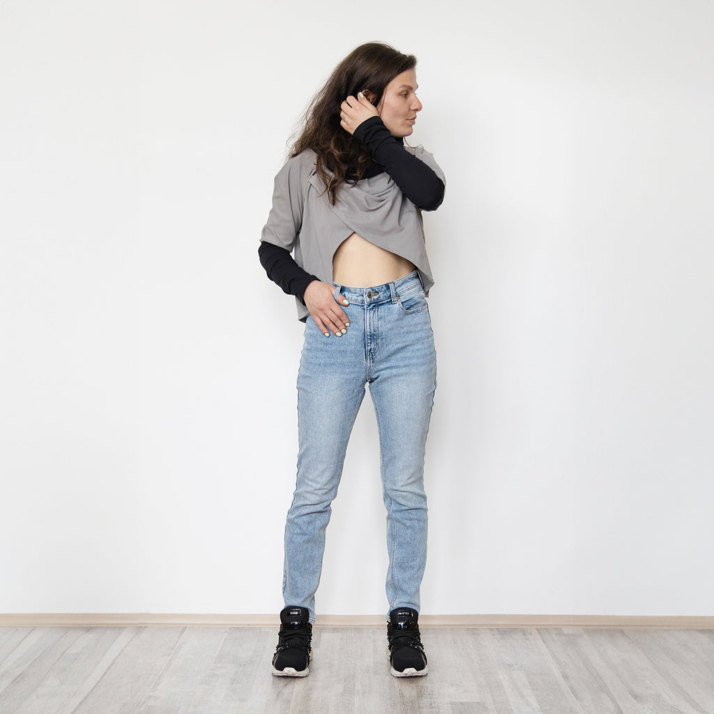 Croped Hoodie Shrug, Made to Order - Large Hood, Extra Long Sleeves, Thumb Holes - Cotton Lycra, assymetric top