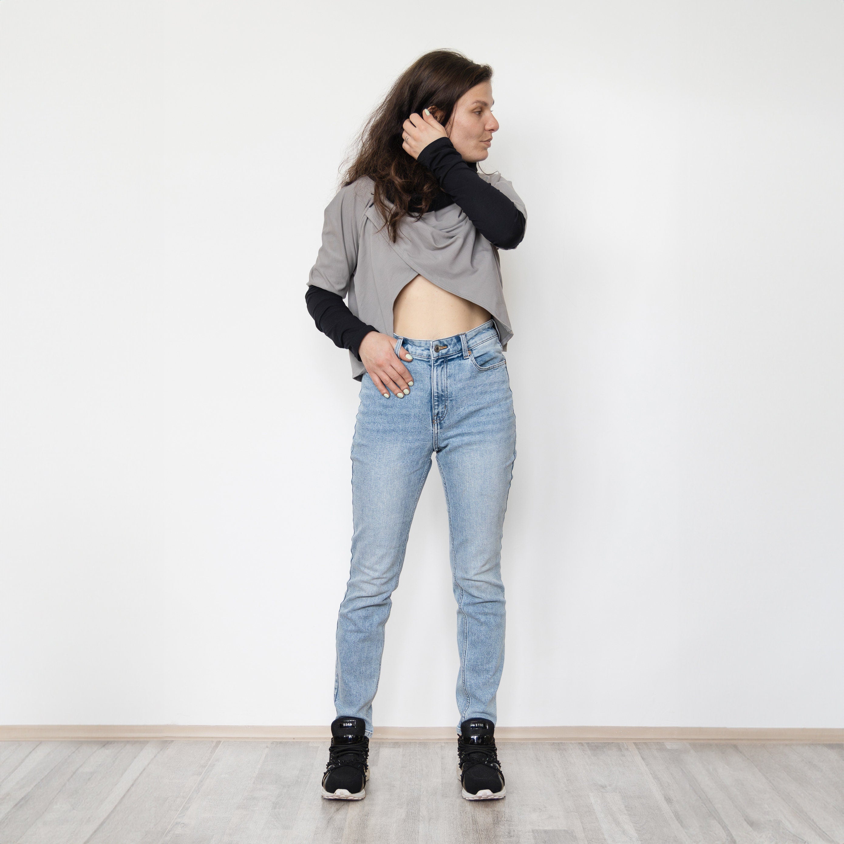 Croped Hoodie Shrug, Made to Order - Large Hood, Extra Long Sleeves, Thumb Holes - Cotton Lycra, assymetric top