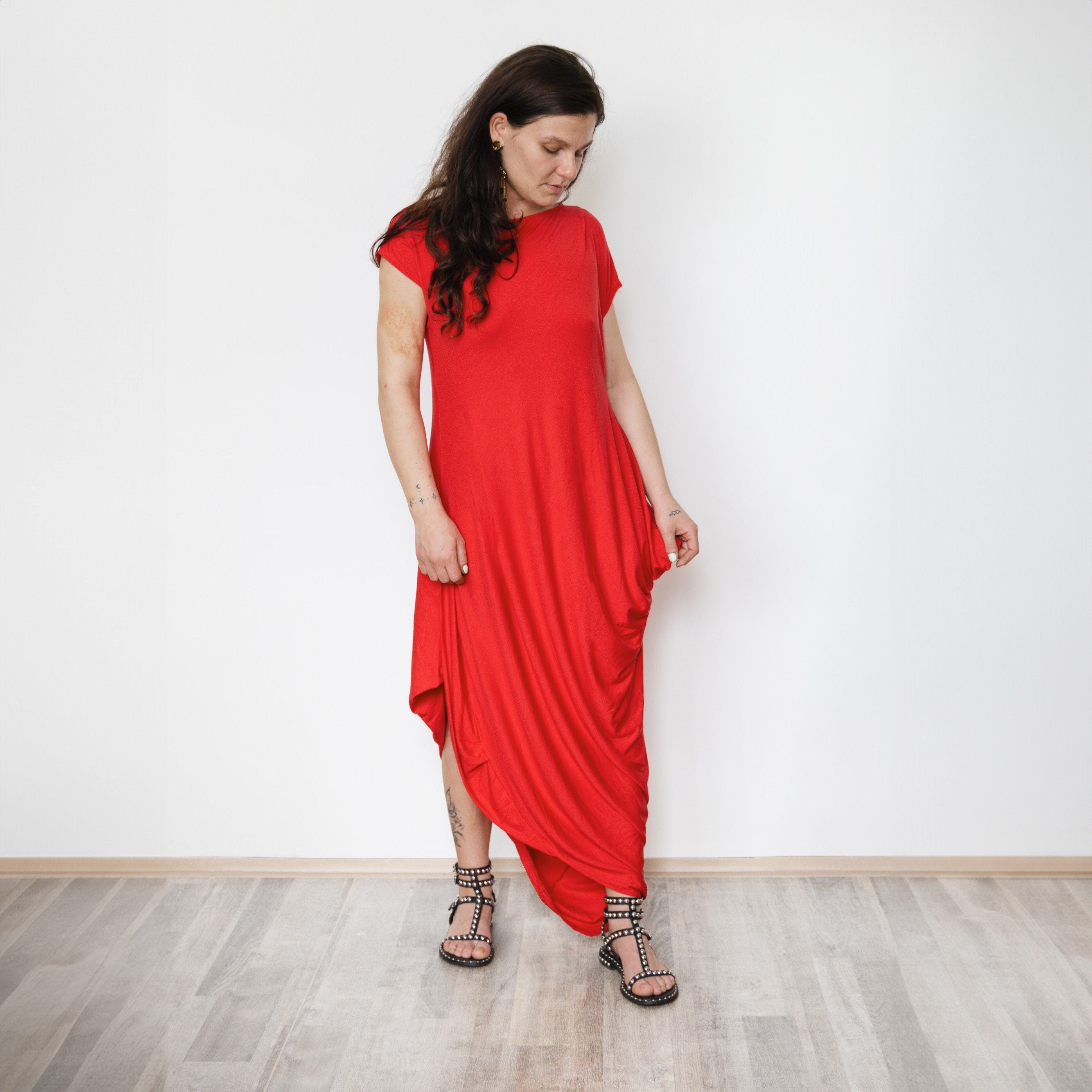 Asymmetrical Draped Jersey Dress – Minimalist Handmade Dress, Modern Avant-Garde Style, Stretchy Slow Fashion Outfit